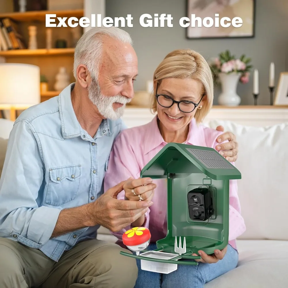 Кормушка для птиц на солнечной энергии с камерой 2K HD, прямая трансляция, AI-идентификация, фотографии 5 МП, 2,4 фунта, большая емкость для подарков на заднем дворе