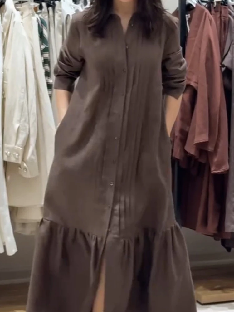 Autumn New Long Sleeve Loose Pleated Dresses Vintage Lapel Single Breasted Shirt Dress Elegant Pocket Solid Color Commute Dress