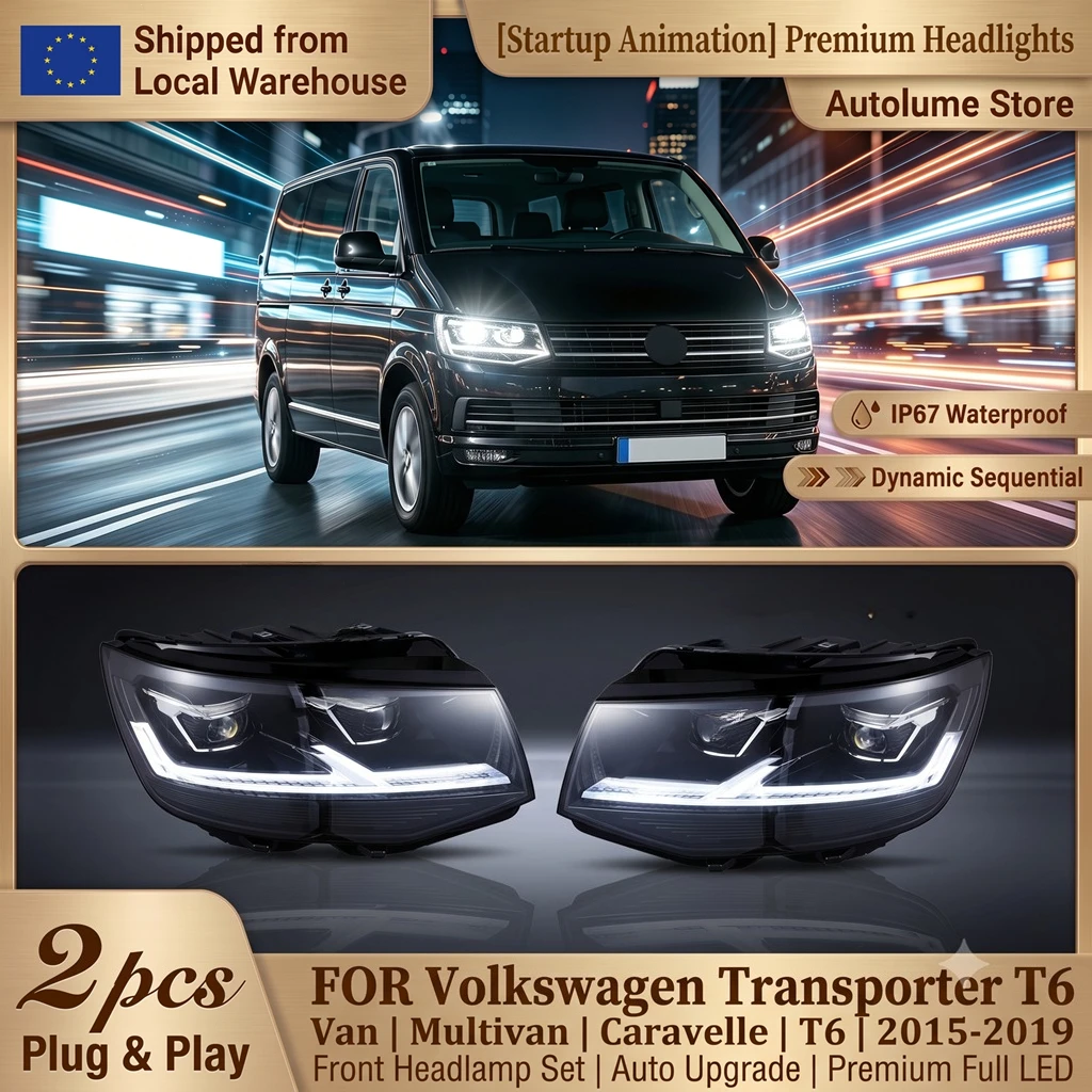 [Dynamisch Sequentiell] Premium Voll-LED-Scheinwerfer für VW Transporter Multivan Caravelle T6 Van 2015-2019 Frontscheinwerfer-Baugruppe DRL Blinker Fern- und Abblendlicht, Superhell Direktmontage