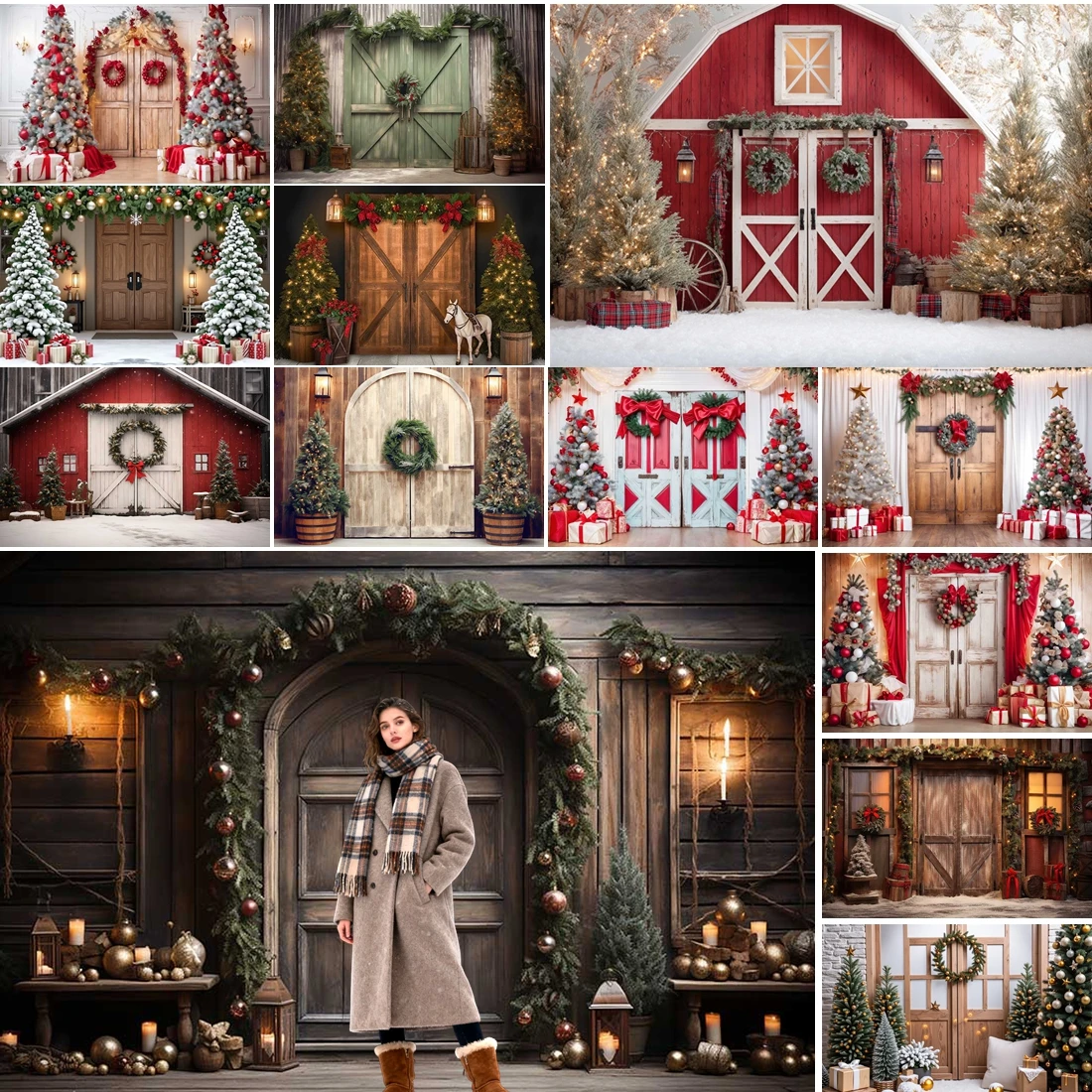 

MOON.QG Merry Christmas Backdrop Lanterns New Year Rustic Door Photo Background Wallpaper Photocall Studio Photozone Poster Wall