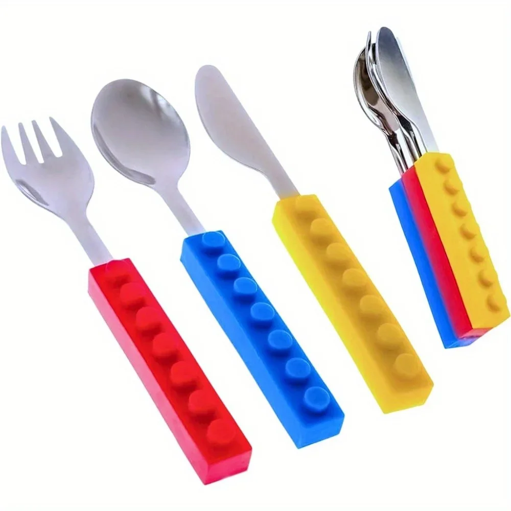 3pcs Stainless Steel Building Block Cutlery Set - Stackable Spoon, Fork & Knife for Birthday, Parties Spoon and Fork Set