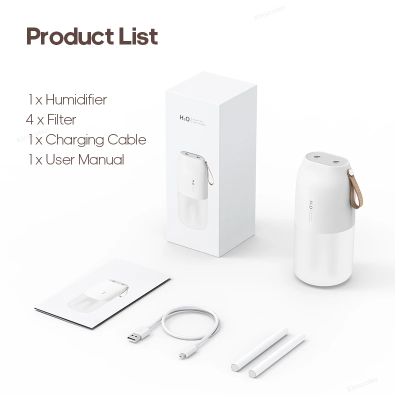 Cordless Rechargeable Air Humidifier 2000mAh Wireless Cool Mist Diffuser Car Home Ultrasonic Humidifier with Warm Nightlight