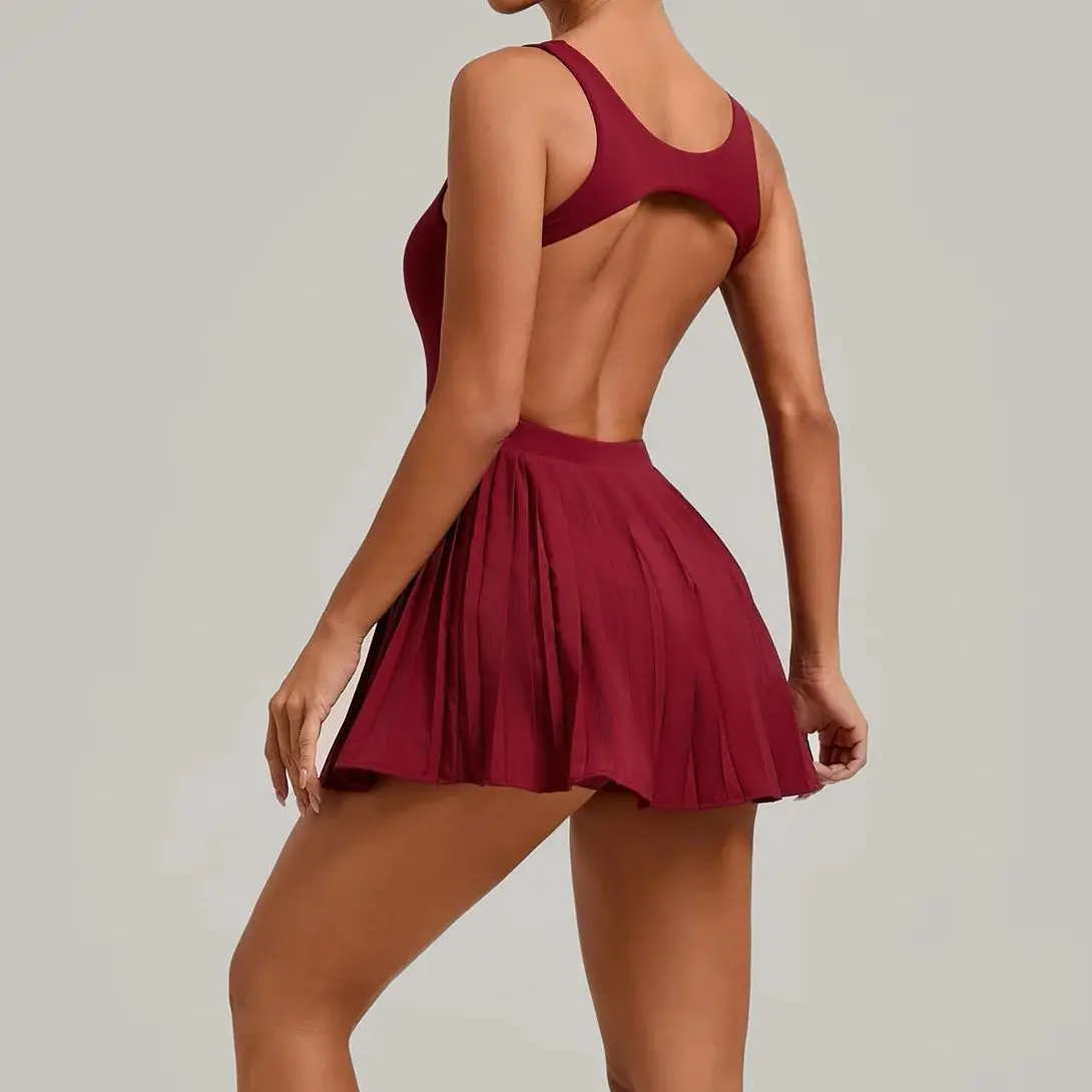 

Backless Sports dress Women anti glare pleated Yoga skirt Outdoor fitness tennis skirt Women One-Piece Dance Ballet Sports Dress