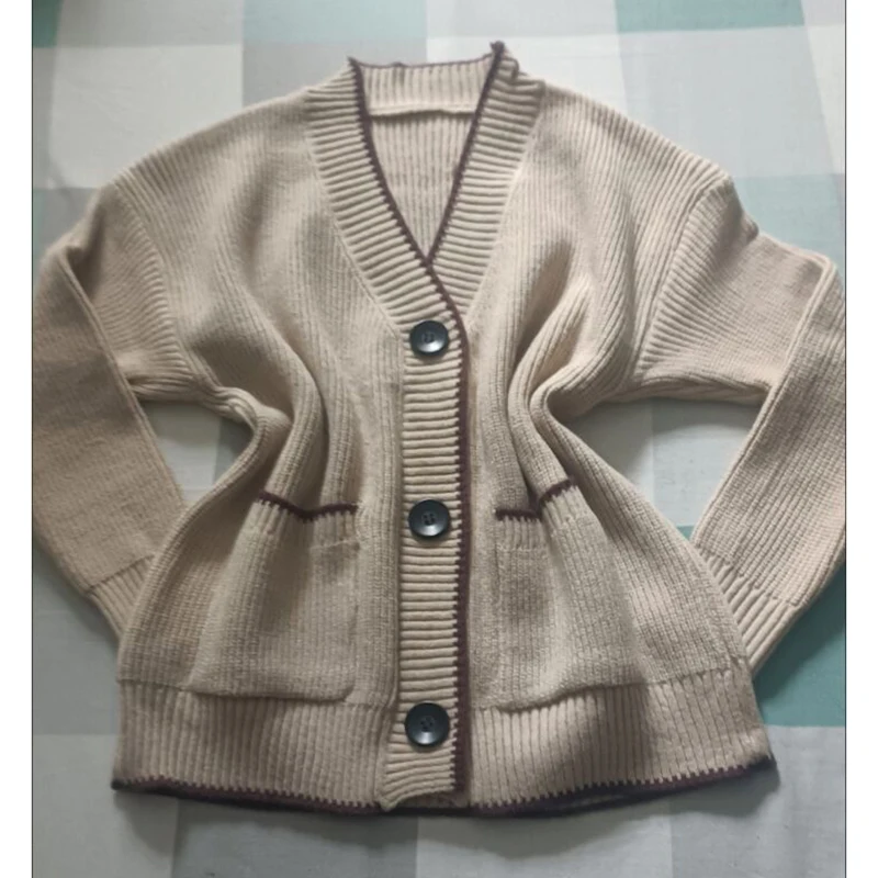 

New Autumn Women's Knitted Sweater Loose Thicken V-neck Long Sleeve Cardigan Jacket Korean Wild Single-Breasted Sweater Coat