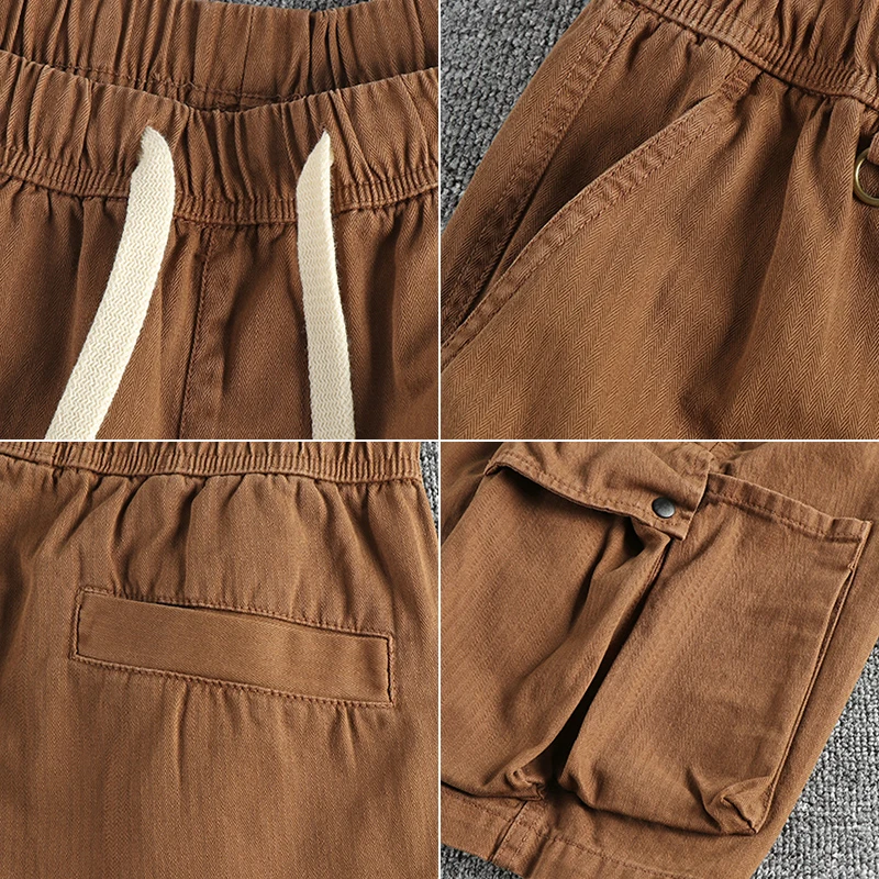 Letnia nowa amerykański Retro tkana szorty Cargo modowa męska 100% bawełniana sprana z wieloma kieszeniami na co dzień 5-punktowe proste spodnie