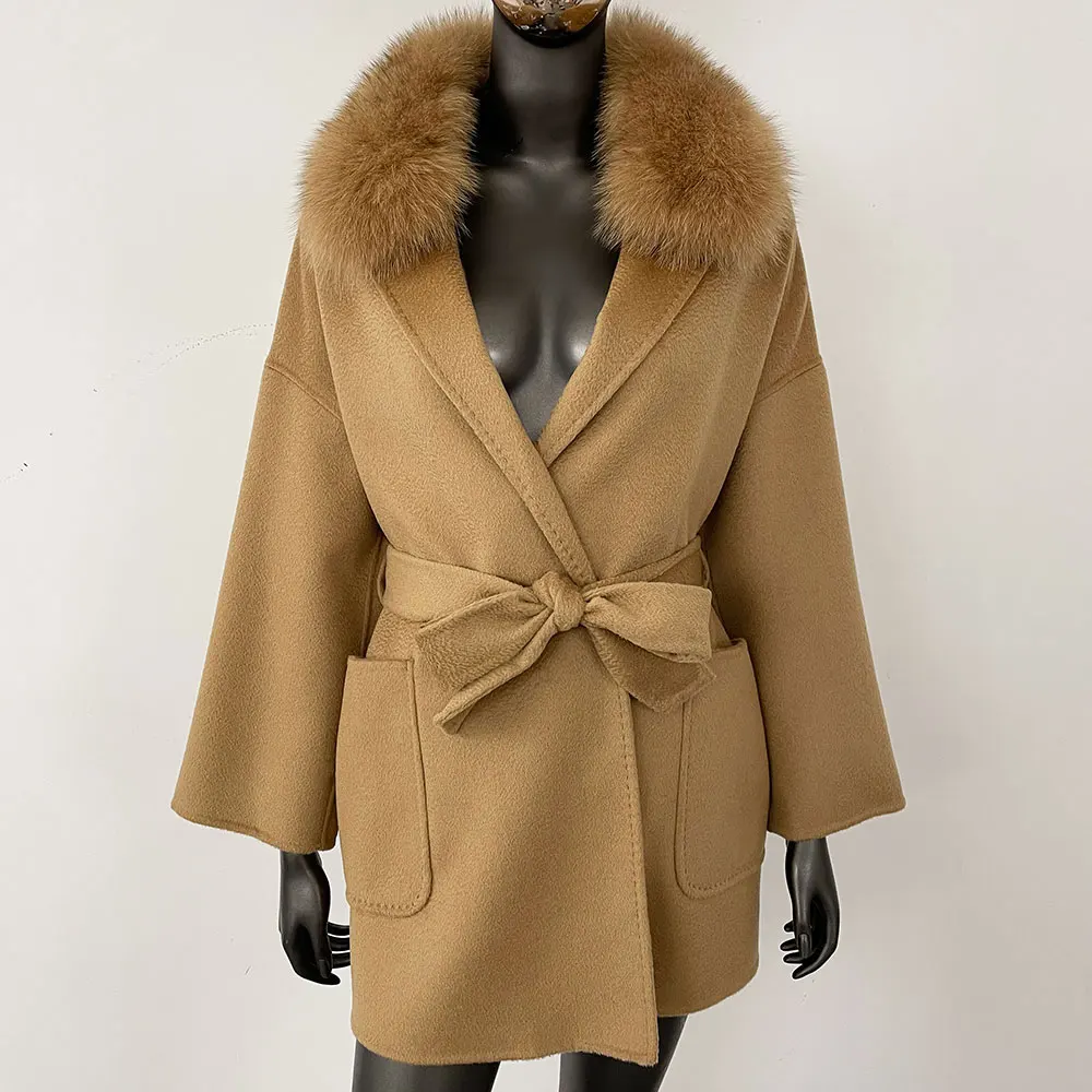 معطف فرو الراكون الطبيعي الإناث الخريف معطف فرو الثعلب الحقيقي جديد الصوف المخلوطة معطف المرأة الشتاء الكشمير الدافئة الصوف سترة سيدة #4