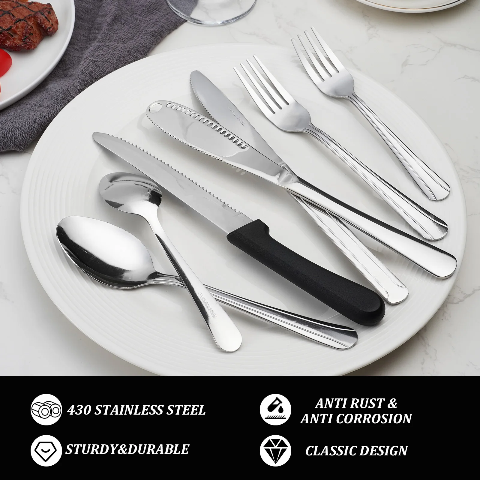 KOOMADE 25/50 Uds. Cubiertos de acero inoxidable lavavajillas contiene cuchillo para carne y mantequilla resistente a la oxidación diseño elegante cómodo