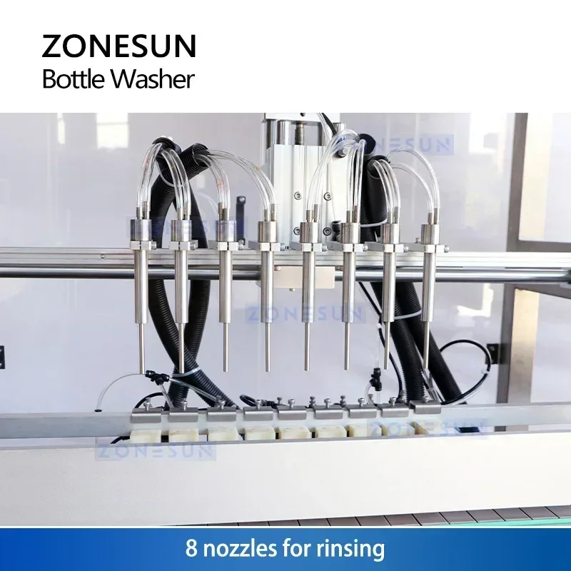 ZONESUN ZS-XPJ8 Automatic Anion Bottle Rinsing Machine 8 Heads Glass Plastic Jar Air Water Washer Cleaning Production Line