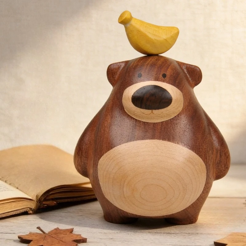 Creative Raccoon Magnetic Banana Wood Ornament Handmade Wooden Craft Office Desk Decoration Animal Figurines Wood Carving Decor