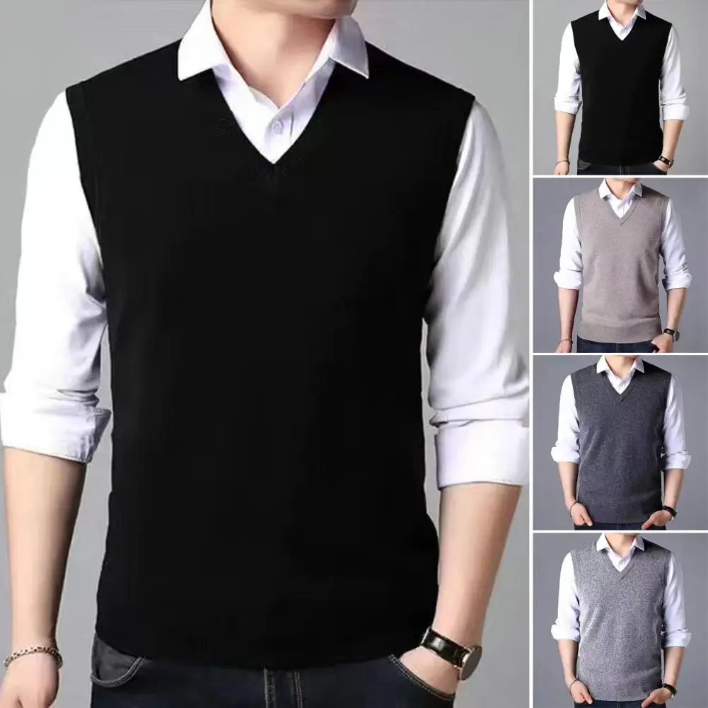 Solid Color Men Vest Versatile Mid-aged Men\'s Knitted Sweater Vest Solid Color V-neck Pullover with Ribbed Cuffs for Spring