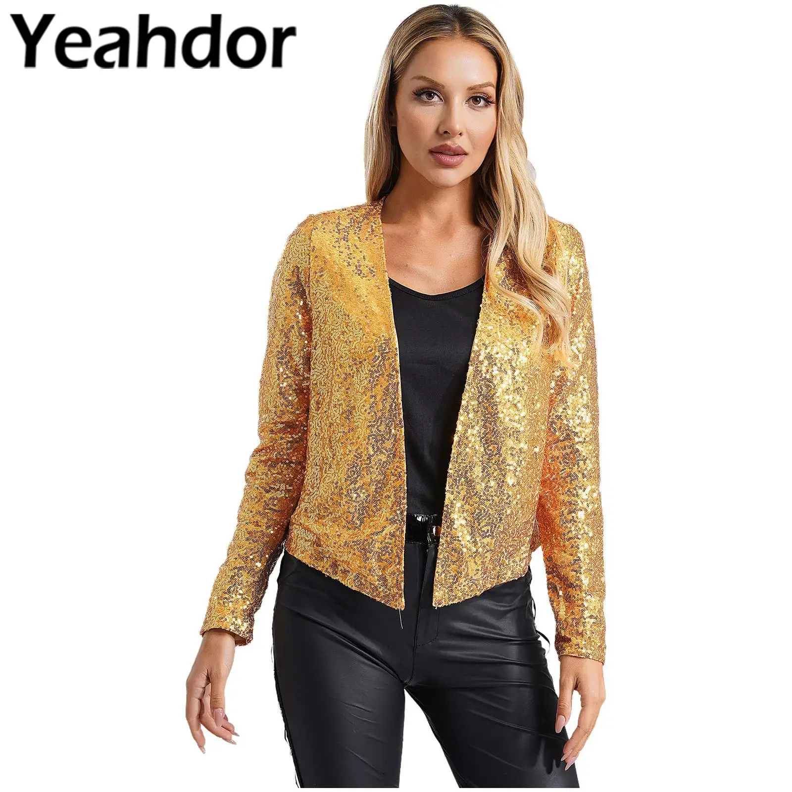 Fashion Womens Glitter Sequined Bolero Jackets Shrug Coats Open Front Cardigan Outerwear Cocktail Evening Party Coats Clubwear