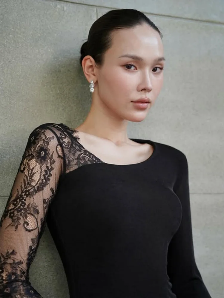 Ahagaga sexy vestidos femininos rendas retalhos mangas compridas sheer fino ajuste bodycon tendência básica eelgant feminino vestidos robes clube