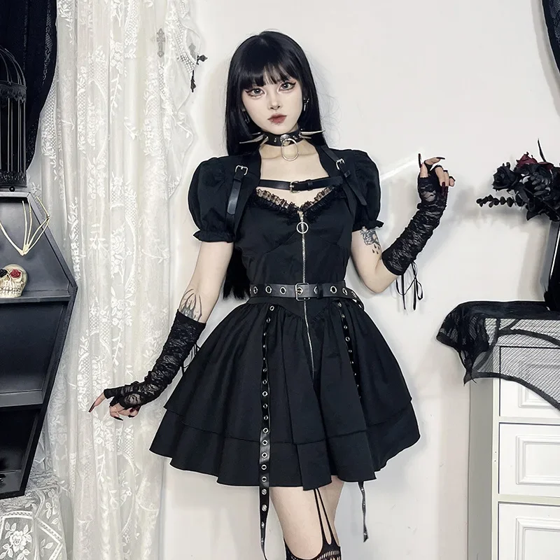 

Grunge Gothic Women Dress Slim Waistcoat Top Punk Heavy Metal Sexy Dress 2024 E-girl Vintage Harajuku Lolita Clothes