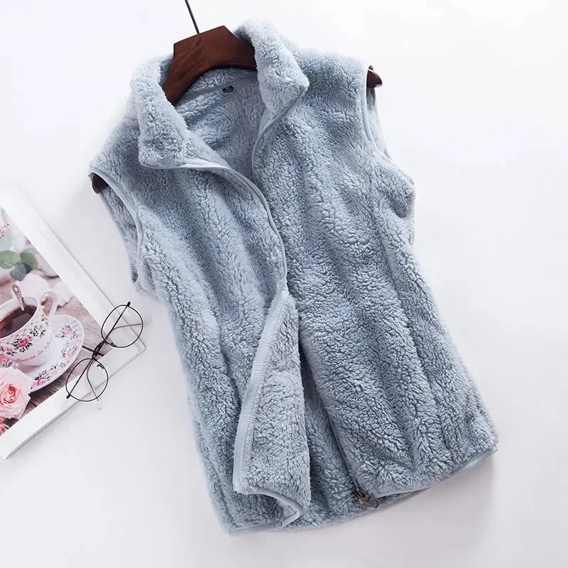 

2023 Autumn Winter Polar Fleece Vest Women Coat High Collar Zipper Sleeveless Jacket Warm Coral Velvet Vest Female Waistcoat 4XL