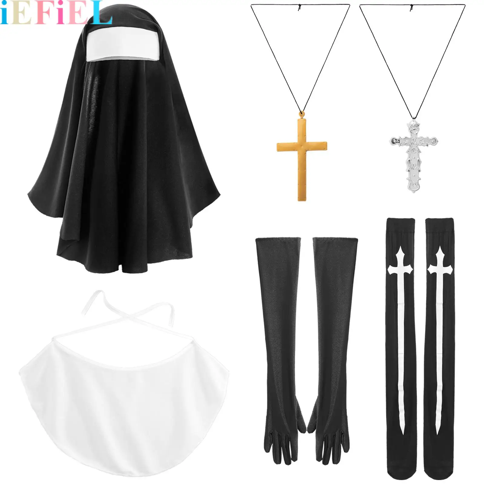 

Nun Cosplay Outfits Missionary Costume Nun Hat Priest Cross Headdress Silk Tube Stockings Gloves Cross Necklace Halloween Suit