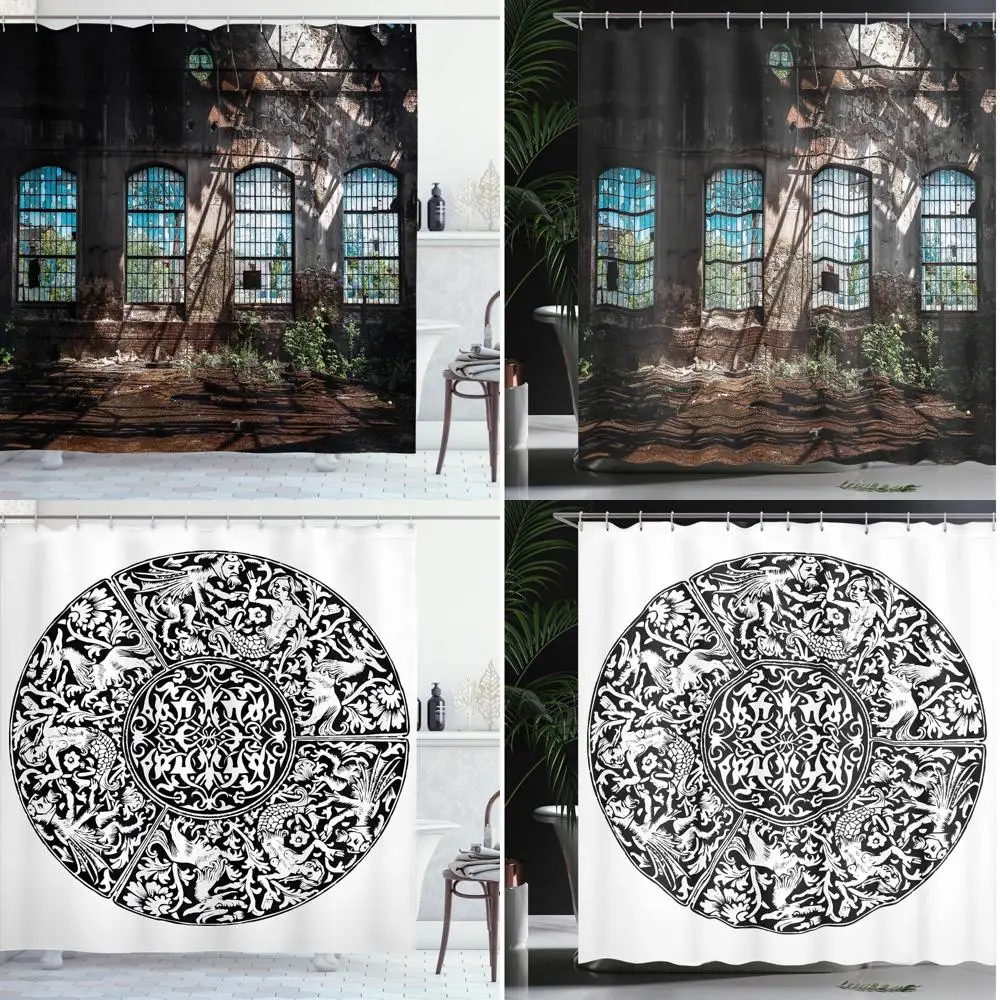 

vintage window-inspired shower curtain with ruins and hallway shadows for timeless bathroom decor