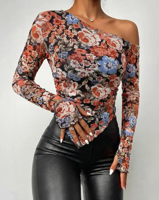 Top Women 2026 New Fashion Floral Print Skew Neck Long Sleeve Asymmetrical Hem Slim Fit Sheer Mesh Tee Top with Thumb Hole Cuffs