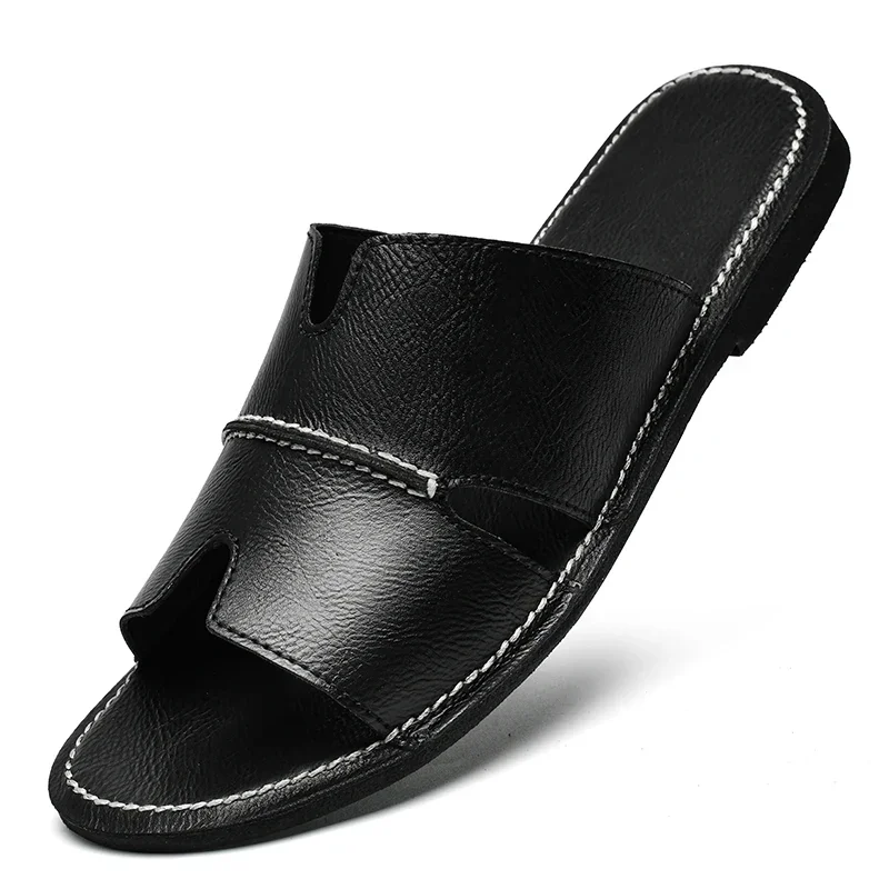 Fashion Leather Slippers for Men Luxury Leather Sandals Summer Casual Slip On Leather Shoes Man Ultra Soft Solid Cowhide Slides