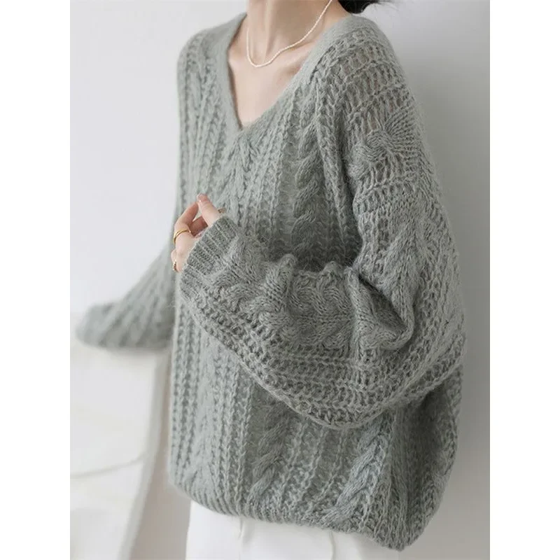 Plus Size French Style Soft And Supple Angora Sweater Women's Spring Season Warm Elegant V-Neck Hollow Knitted Top