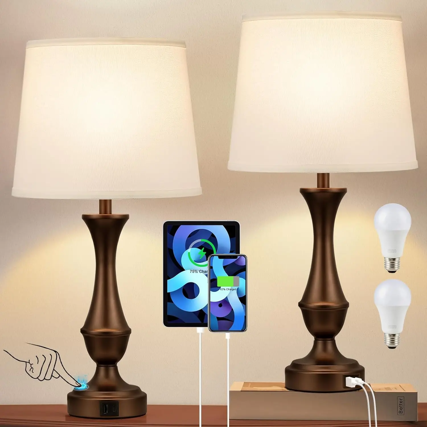 

Upgraded Touch Lamps Set of 2 - 3 Way Dimmable Bedside Lamps with USB C+A, E26 LED Bulbs Included for Bedroom Living Room (White&Brown)