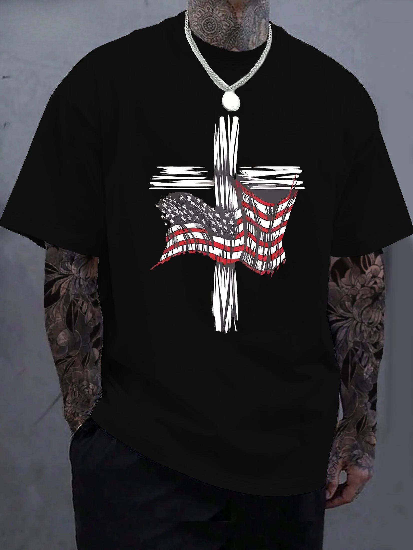 Nowa męska bawełniana koszulka T-shirt z nadrukiem wzoru flagi krzyżowej, butikowa, gruba, modna, codzienna koszulka bawełniana. — zdjęcie 3