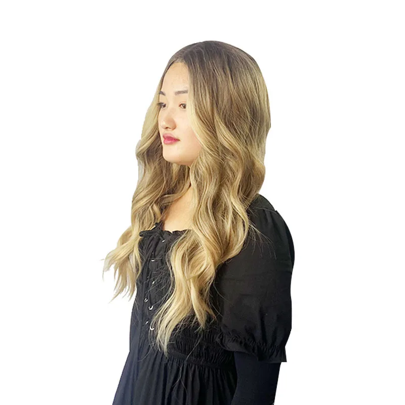 Cabelo longo ondulado feminino com uma separação média ondas grandes peruca de fibra sintética de seda de alta temperatura estilo vento natural