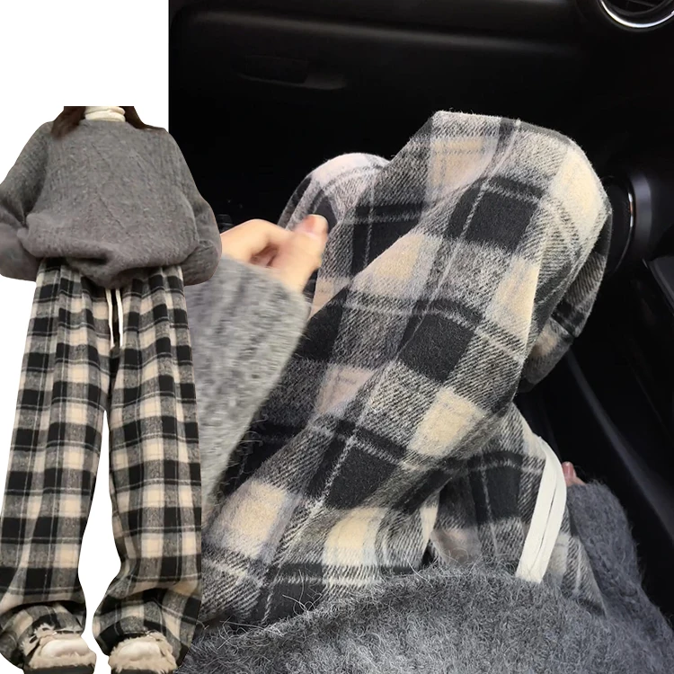 レトロクラシックな格子柄ウールパンツ レディース 秋冬 裏起毛 ゆったり スタイル フェイスライニング ドレープ カジュアル ワイドレッグパンツ