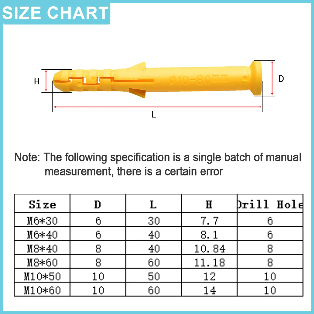 20-100pcs Plastic Expansion Pipe Tube Rubber Plug Wall Plugs M6 M8 M10 Plastic Ribbed Anchor for Self-tapping Screw