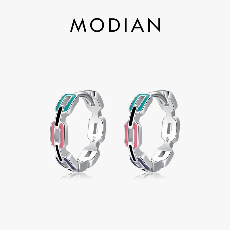 Modian 925 Sterling Silber Original Lock Mode Ohr schnallen Regenbogen Farbe Emaille Creolen für