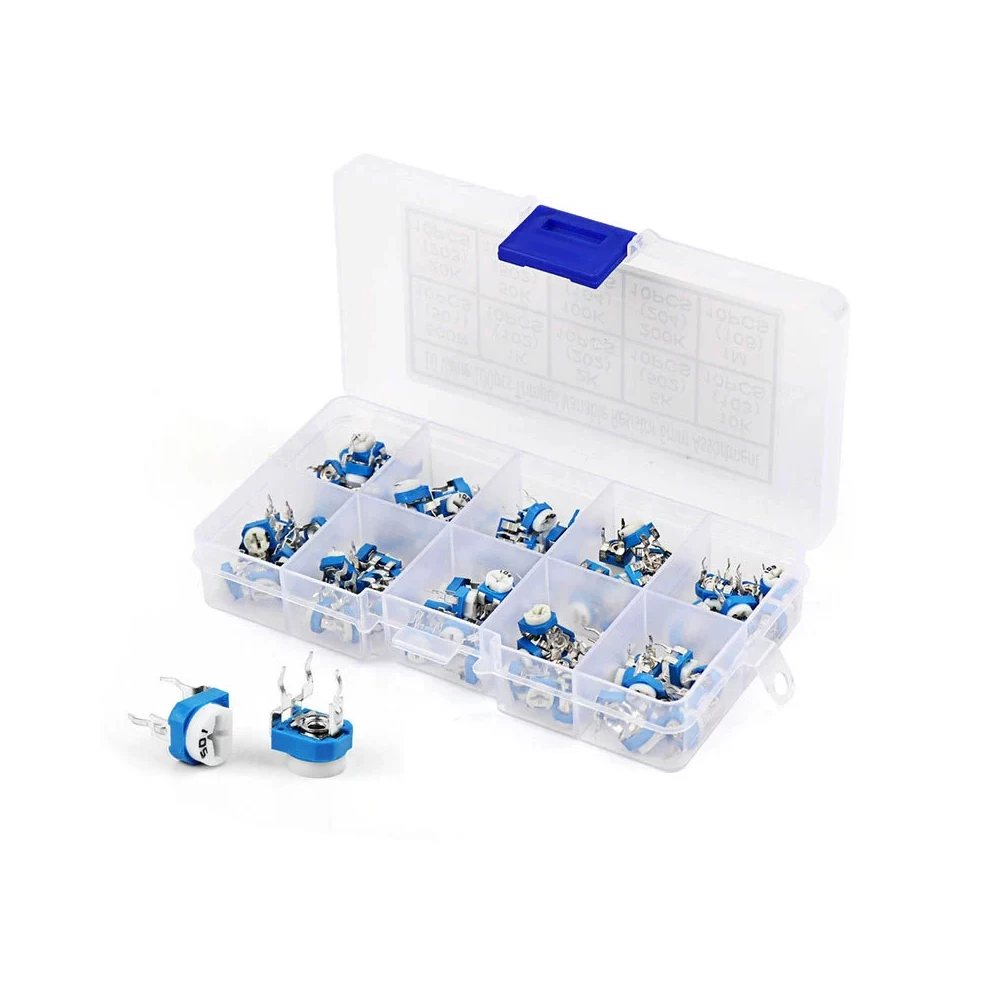 

100Pcs 10 Values RM065 Blue White Adjustable Resistor 6mm Trim Potentiometer Assortment Kit with Storage Box