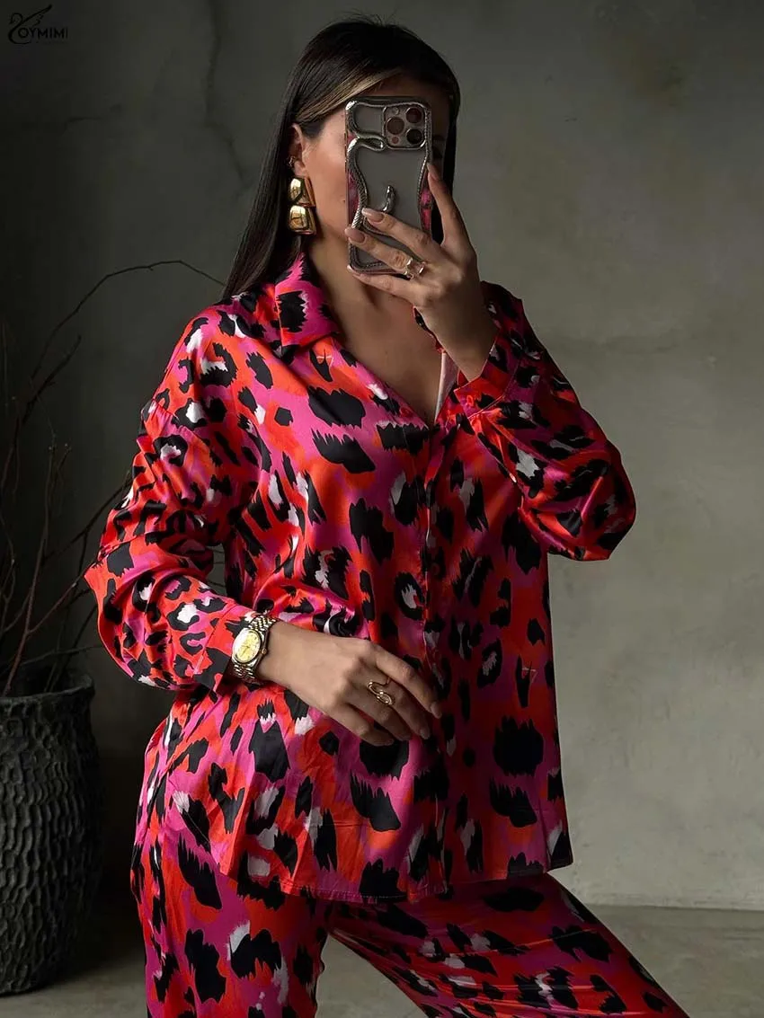Oymimi Fashion Red Print Two Piece Set Woman Casual Satin Long Sleeve Button Shirts And Pockets Straight Trousers Female Sets