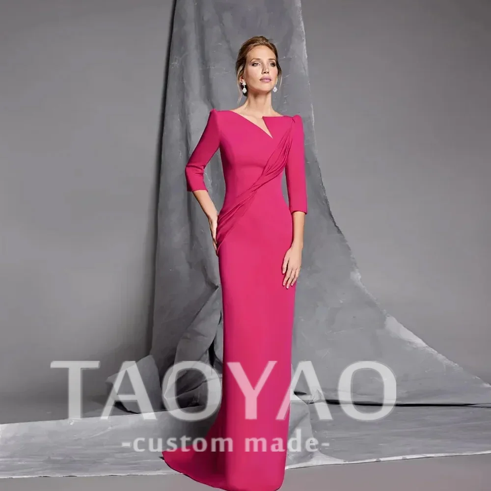 Satin Elegant Formal Party Evening Dress Three-quarters Sleeve Mermaid Floor-Length Back Button Prom Dress Ruching New Arrival