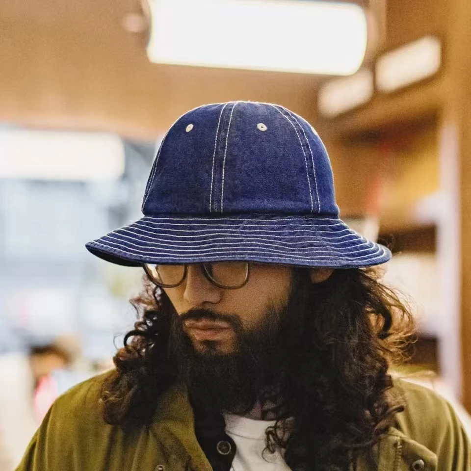 

Maden Vintage Denim Blue Bucket Hat Wide Brim Round Top Sun Hat for Breathable Unisex Fisherman Hat Casual Outdoor Denim Cap