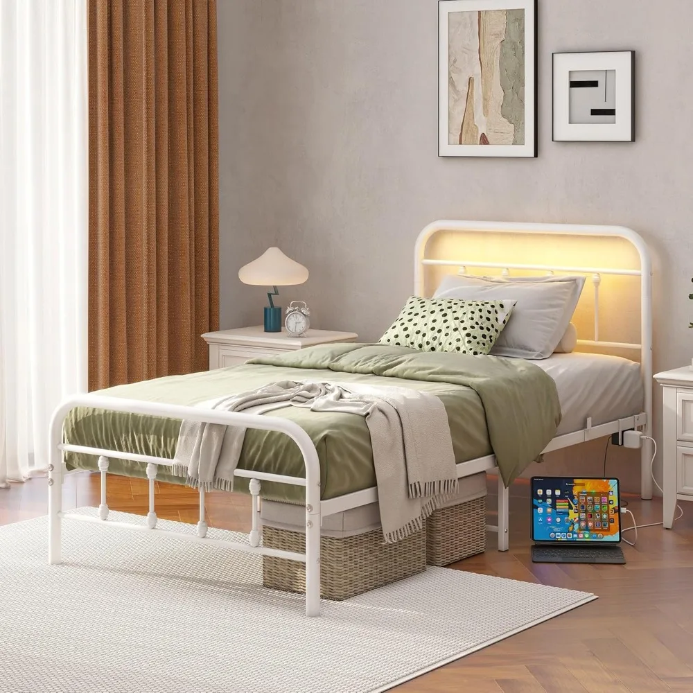 

Twin Bed Frame with USB Charging Station, Twin Bed Frames with LED Headboard,Heavy Duty Steel Slats Support Metal Bed Frame,No B