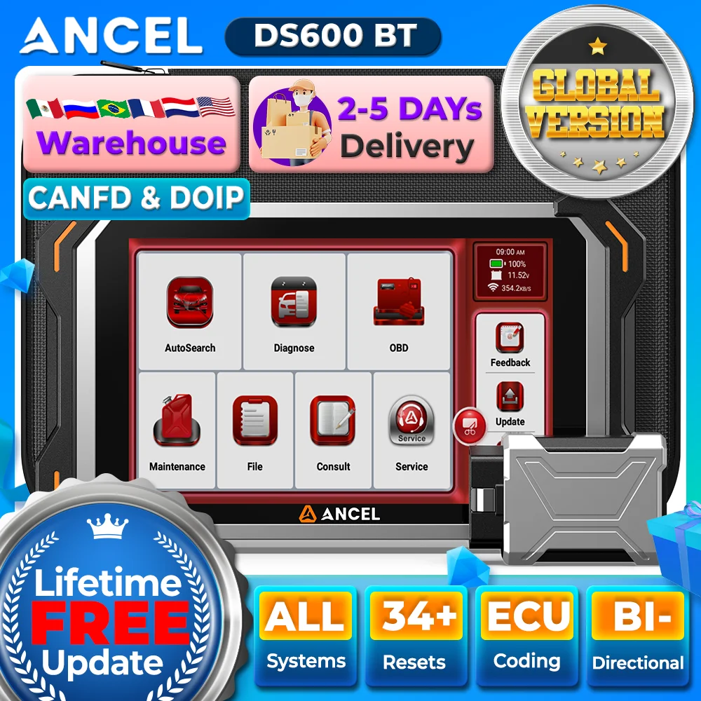 

2025 ANCEL DS600 BT OBD2 Сканер Полный системный сканер с 34 + сбросами Двунаправленный ЭБУ Онлайн-кодирование FCA SGW AutoAuth VAG Guide