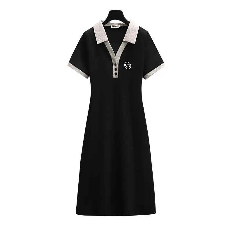 2023 New Summer Fashion Simple Polo Collar Spliced Button Casual Loose Oversized Covering Belly and Age Reducing A-line Skirt