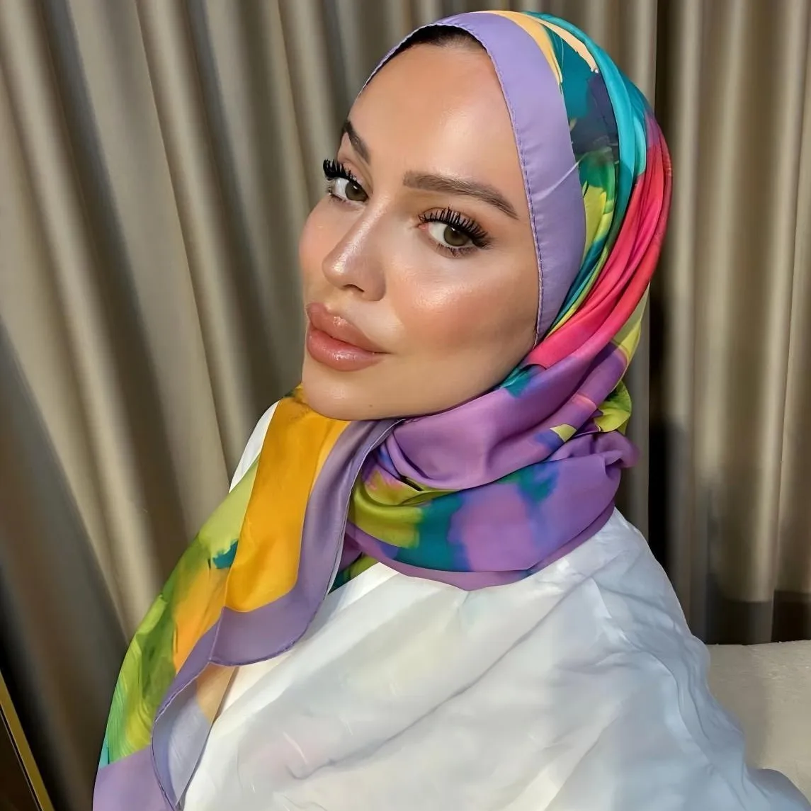 

2026 Watercolor Floral Satin Hijab Scarf Breathable Soft Long Fashion Scarves Headscarf Paisley Print Muslim Hijabs for Women