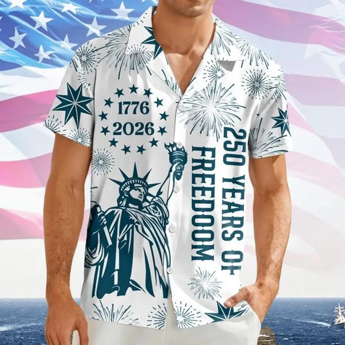 

Новая гавайская рубашка с принтом «250 лет свободы в США» (1776-2026), Статуя Свободы, орёл, надпись «We The People», патриотическая рубашка-алоха на пуговицах.