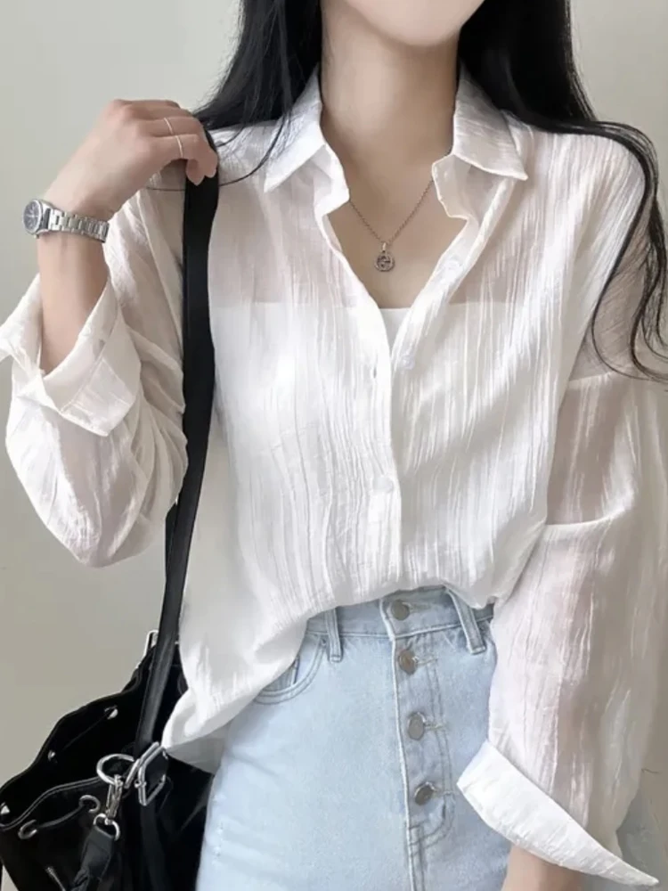 Women's Long Sve irt Jaet Thin Vintage Turn-down Collar Single Button Chic Small Size Top Korean Sle Loose Fit Pure ...