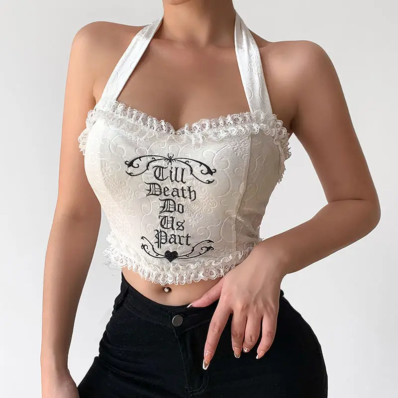Women Halter Tank Tops Bandage Sleeveless Skinny Clubwear Backless Lace Letter Print Crop Tops Spaghetti Straps Ruffles Camis