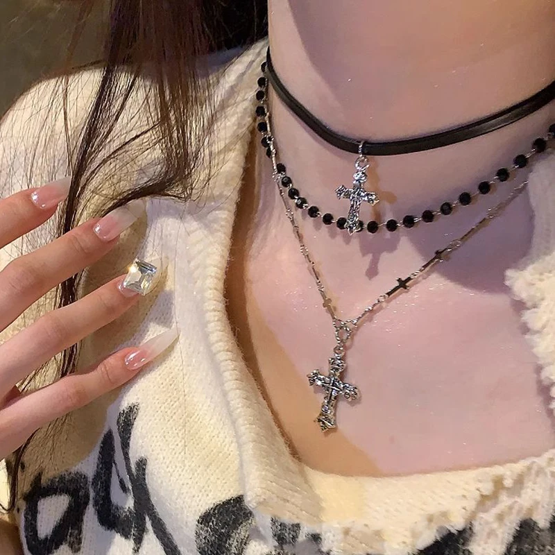 القوطية الشرير نمط Y2k حبة الصليب قلادة قلادة ، 3 قطعة/مجموعة ، المرأة متعددة الطبقات الرجعية العصرية الإكسسوارات والمجوهرات #2