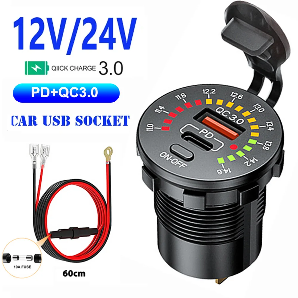 

36W PD QC 3.0 Car Charger With LED Voltmeter ON OFF Switch 12/24V Waterproof USB PD Outlet Fast Charge For Car Motorcycle