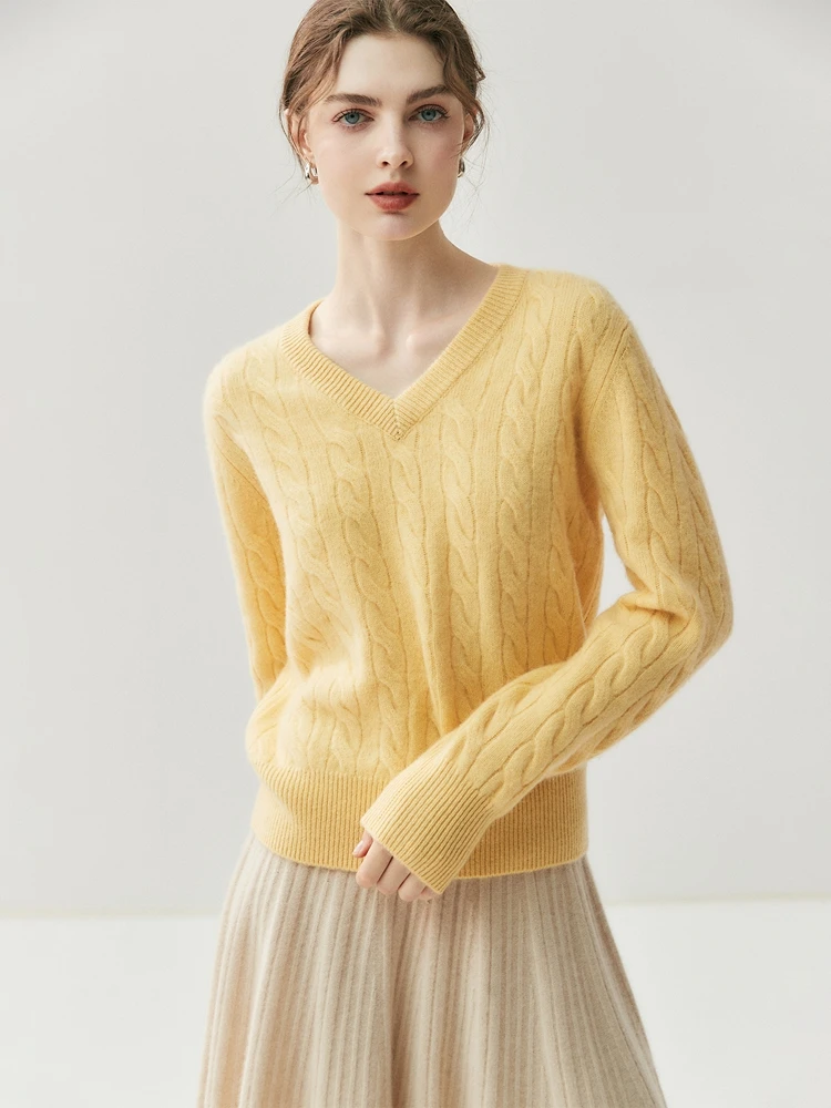 

Chic Autumn Winter Pullover Sweater Women 100% Cashmere Sweater Versatile Pullover Sweet Knit V-Neck Twist Flower Basic Clothing