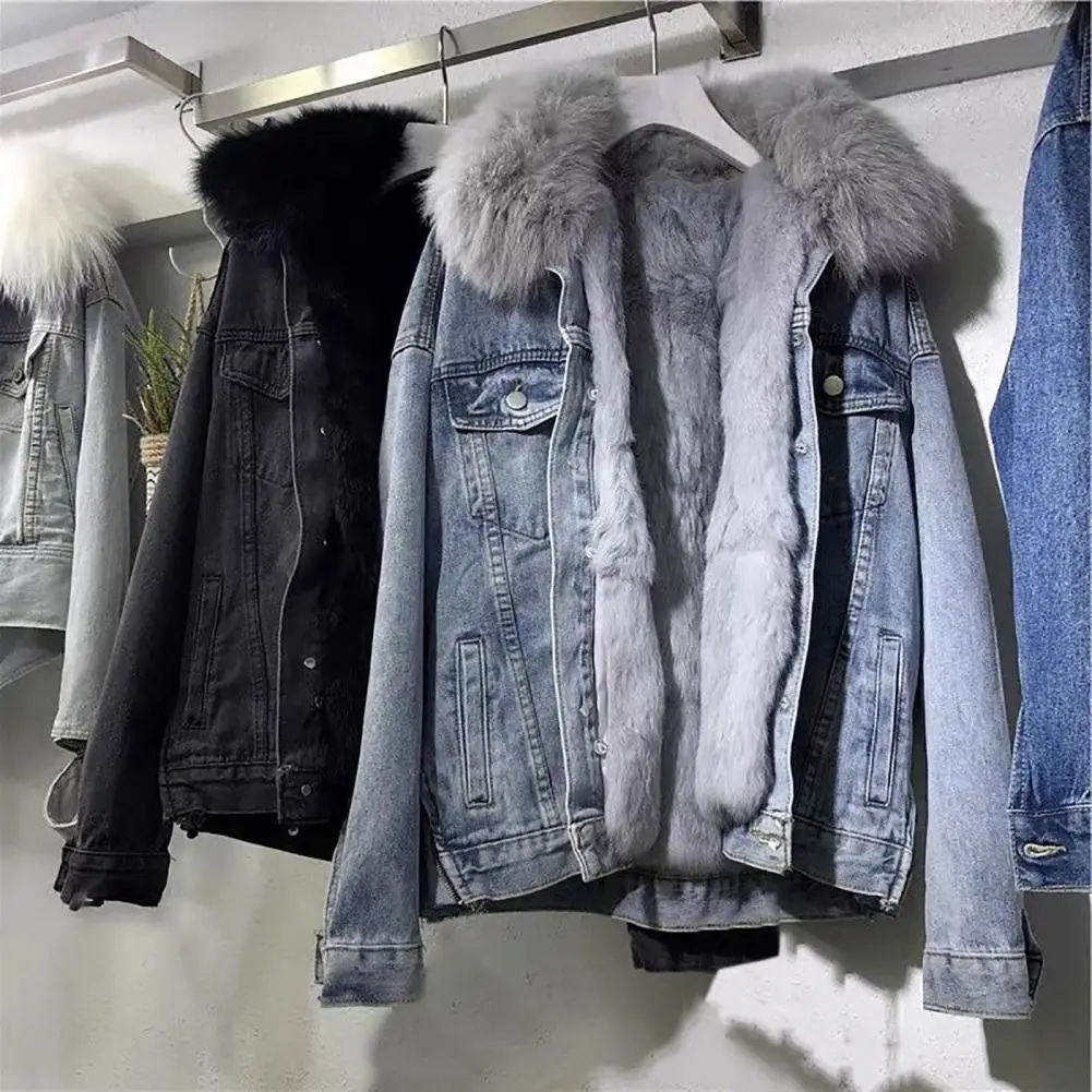 Women Coat Faux Fur Vintage Winter Denim Coat Hooded Thick Lady Coat Single-breasted Winter Coat Flap Pockets Winter Coat