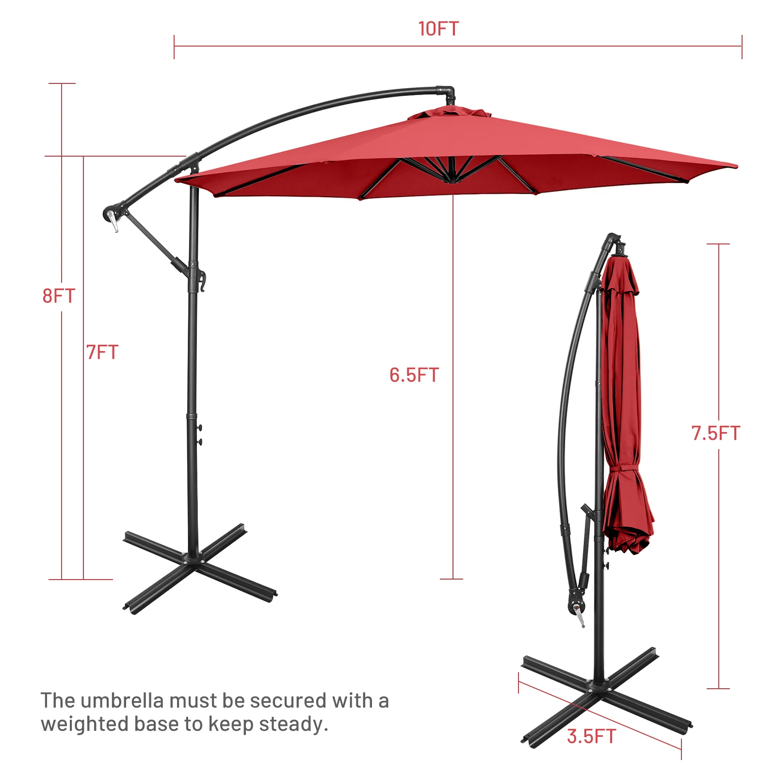 10 FT Patio Offset Umbrella w/8 Ribs Cross Base Tilt Claret