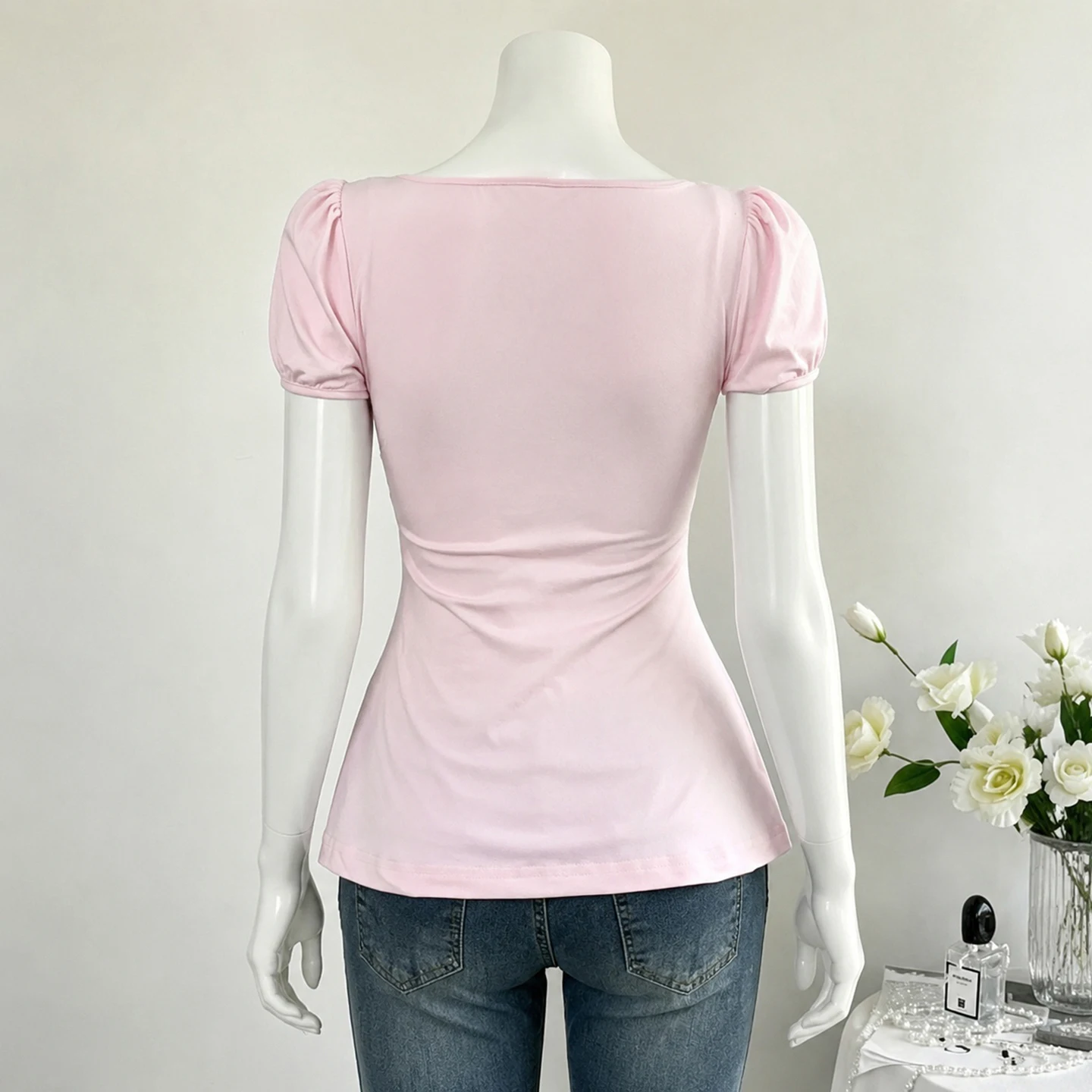 SUCHCUTE Coquette Contrast Top Square Neck Ruffle Trim Puff Short Sleeve Front Bow A-line Tees Flared Hem Slim Casual T-Shirts