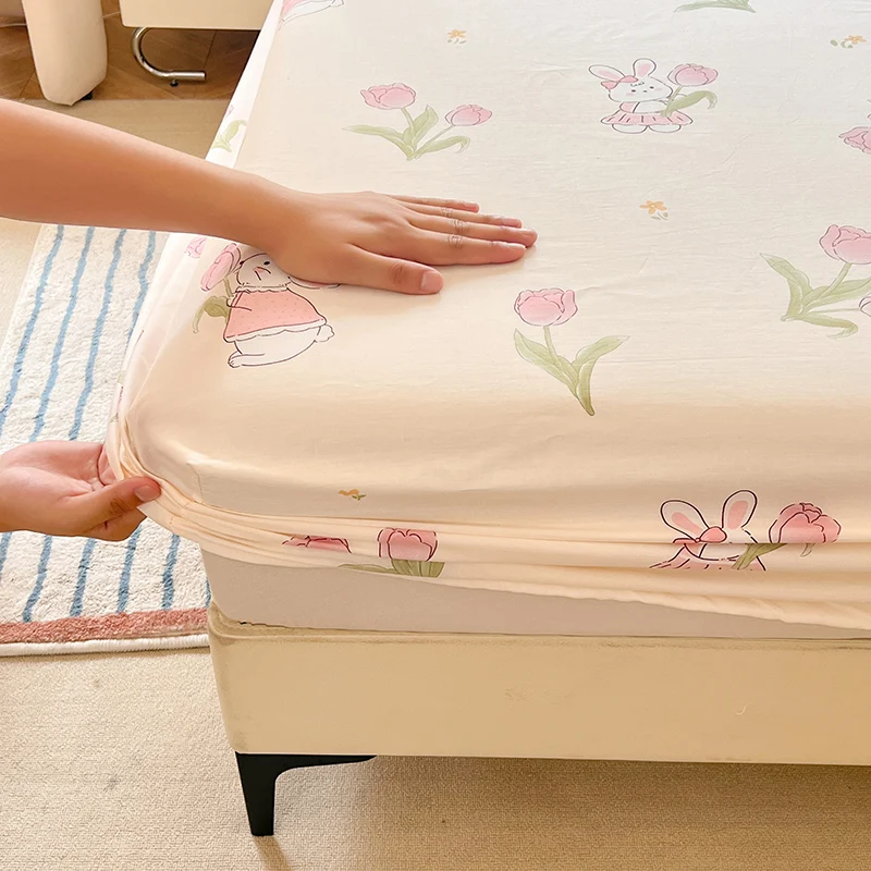 

1pc Floral Rabbit Style Fitted Sheet 100% Cotton Bedsheets Adult Kids Bed Linen Home Elastic Bed Cover drap de lit No Pillowcase