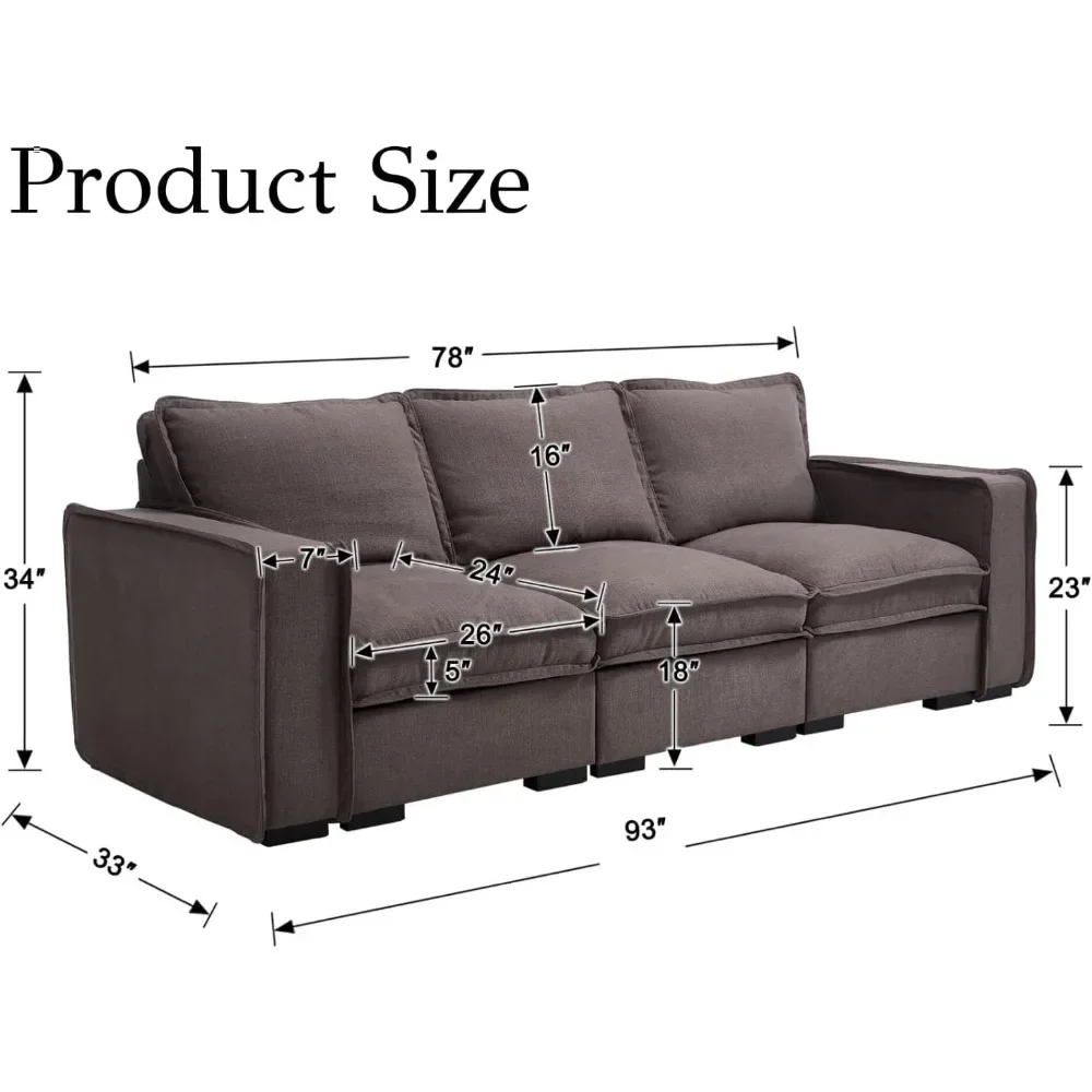 Sofá seccional tapizado de tela de lino cómodo y moderno de 93 pulgadas, 3 plazas, sofá nube con asiento profundo de 24" para sala de estar