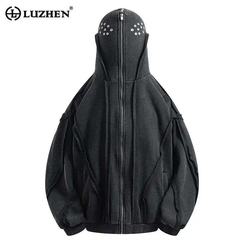 

LUZHEN 2025 Hip-hop Style Patchwork Washed Zipper Shark Mask Hoodies Original Design Men Personalized High Street Jacket LZ9971