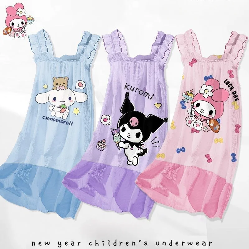 Sanrio Summer Girls Cute Dress Sling Ruffles Kuromi Cartoon Princess Dresses for Girl Clothing Kids Casual Dress From 3-8 Years